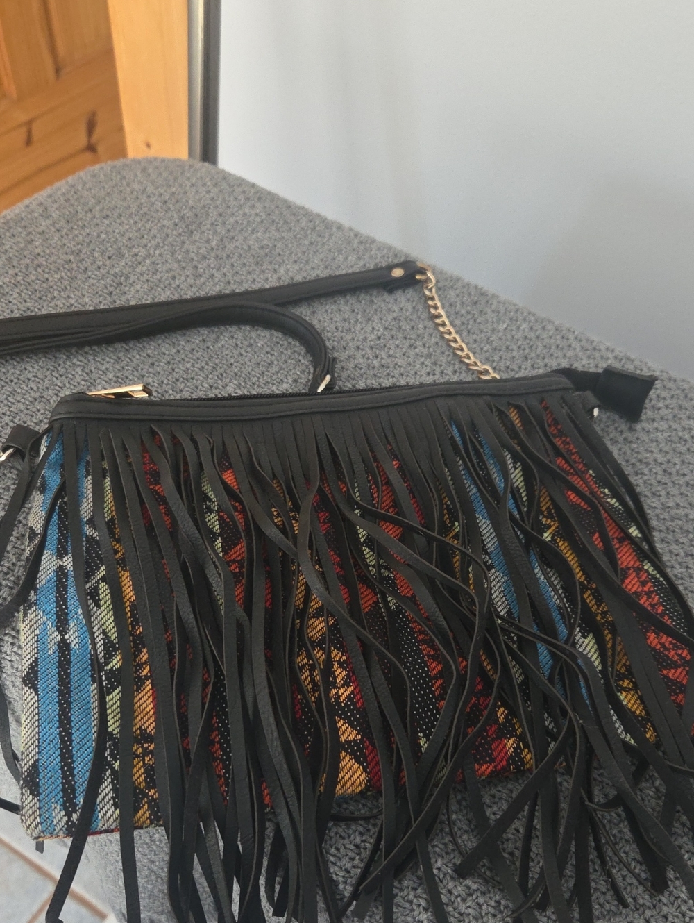 Fringe Crossbody Bag in Black with Multicolor Pattern